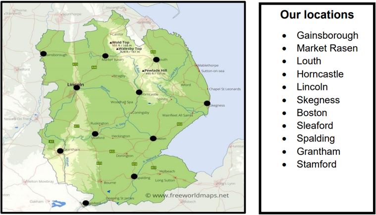 A map showing locations of Lincolnshire based Day Opportunities services